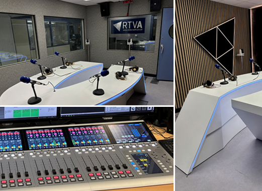 Estudio de radio de Radio y Televisión de Andorra, detalles de la consola de audio RX2 de DHD y del locutorio.